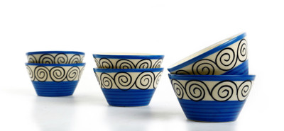 

Caffeine Handmade Small & Stout Doodle Dessert Ceramic Bowl Set(Blue, Pack of 6)