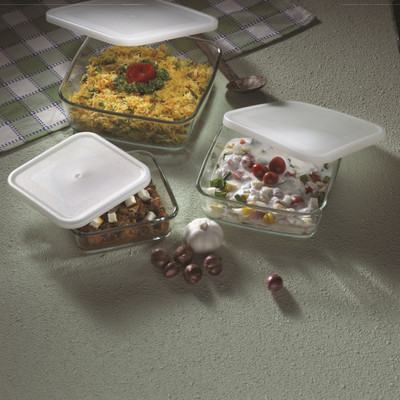 Borosil Square Dish with Lid Set 500 ml +800ml +1.6 l Glass Vegetable Bowl