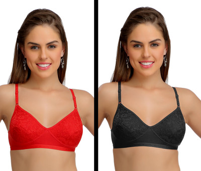 Selfcare Self Design Women T-Shirt Non Padded Bra(Red, Black)