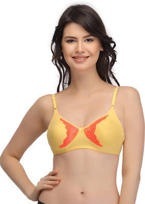 Clovia Cotton Non Padded Wirefree Lacy Full Cup Bra - Yellow Women Full Coverage Non Padded Bra(Yellow)