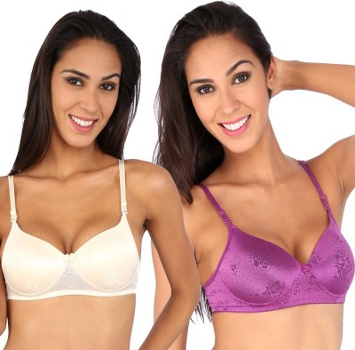 BRALUX Trishna Lace Padded Women Full Coverage Lightly Padded Bra(Purple, Beige)