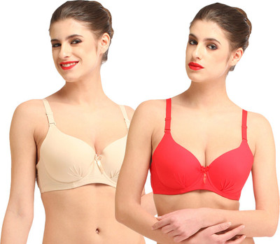 

Glus Women's T-Shirt Lightly Padded Bra(Red, Beige), Nude;red