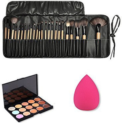 

Jmkcoz Wooden Makeup Brush Kit Plus 15 Colors Camouflage Concealer Palette and 1pc Water Drop Makeup Sponge Makeup Kit(Pack of 24)