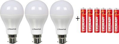 

PowerCell 9 W LED Bulb Pack of 3 with Free 6 Batteries(White, Pack of 3)