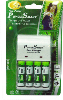 Power Smart 2100 MaH x 4 Cells AA AAA NiCD NiMH 5 Hour Fast Automatic Cut Off With 2 LED Camera Battery Charger Set  Camera Battery Charger(White)
