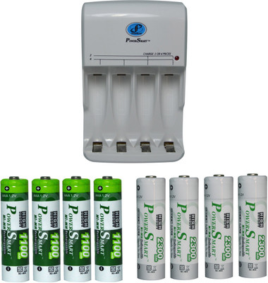 Power Smart Fast Charging Unit PS345 Combo With 2 Set 2300mahx4AA And 1100mahx4 AAA Cells Camera Battery Charger(White)