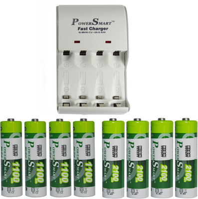 

Power Smart Fast Charging Unit PS1002 Combo With 2 Set 2100maHx4AA And 1100maHx4 AA Cells Camera Battery Charger(White)