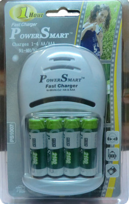 

Power Smart AA Camera Battery Charger PS 1007 AA AAA Ni-MH/Ni-Cd 4 I Hour LED Fast Auto Cut Off Charger With AA2100 MAh 4 Cells Charger Set Camera Battery Charger(Whte)