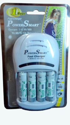 Power Smart AA Camera Battery Charger PS 1007 AA-AAA NiCd-NiMH With Ready to use 2950 Mah 4 Cells 1 Hour 4 LED Fast Charger With AutoCut Off Function Charger Set Camera Battery Charger(White)