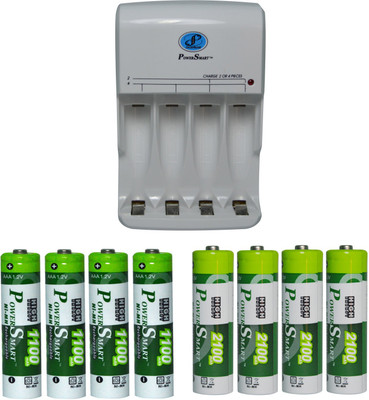 Power Smart Fast Charging Unit PS345 Combo With 2 Set 2100mahx4 AA And 1100mahx4 AAA Cells Camera Battery Charger(White)
