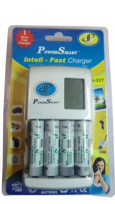 Power Smart AA Camera Battery Charger PS 327 AA-AAA NiCd-NiMH 1 Hour LCD Fast Auto Cut Off Charger With Mp3,Mobile Usb Charging Option With 2300 mAh 4 Cells Ready To Use Battery Camera Battery Charger(White)
