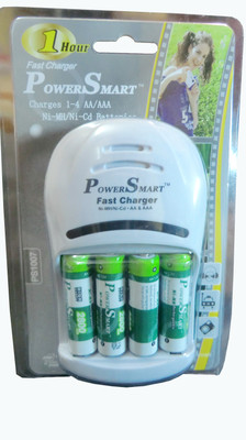 Power Smart AA Camera Battery Charger ps 1007 AA-AAA NiCd-NiMH with AA 2800mAh 4 Cells 1 Hour 4 Led fast charger with auto cut off function charger set Camera Battery Charger(White)