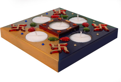 

Ganeshaas Eco friendly Auspicious and beautififul Swastik endowed 5 in one tealight thaal brings positive light everywhere Wooden 5 - Cup Tealight Holder Set(Multicolor, Pack of 5)