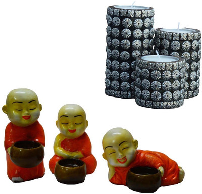 

eCraftIndia Combo of Cylindrical Candle Stand and Monks Wooden, Polyresin 6 - Cup Candle Holder Set(Multicolor, Pack of 6)