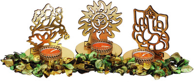 

Craft Junction Ganesha,Lakshmi and Om With Fragrance Petals Wooden 3 - Cup Tealight Holder Set(Gold, Pack of 3)