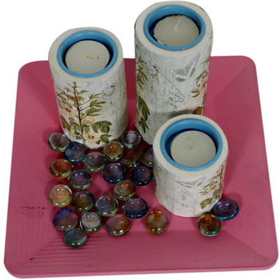 

Indikala White and Blue on a Pink Tray Wooden 3 - Cup Candle Holder(Multicolor, Pack of 3)