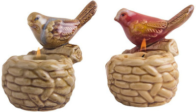 Indikala Pair of Robin Tea Light Holders Ceramic 2 - Cup Tealight Holder(Brown, Pack of 2)
