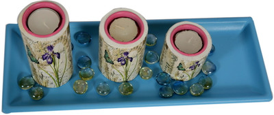 

Indikala Candle: On a Tray Wooden 3 - Cup Tealight Holder Set(Pink, Blue, Pack of 3)