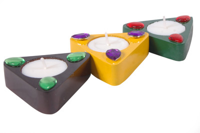 

Ganeshaas Eco friendly Exquisite set of 3 Triangular Wooden 3 - Cup Tealight Holder Set(Multicolor, Pack of 3)
