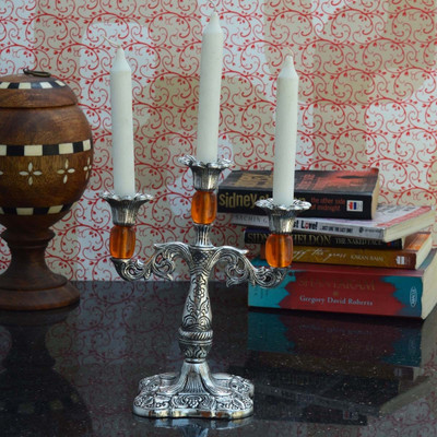 

eCraftIndia Decorative Orange Crystal Aluminium 3 - Cup Candle Holder(Silver, Orange, Pack of 1)