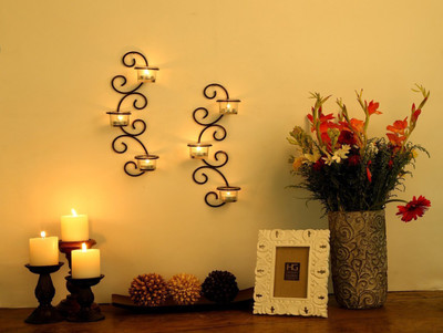

Being Nawab Antique Bronze Floral Wall Sconce with Free Tealights Iron 6 - Cup Tealight Holder Set(Black, Pack of 8)