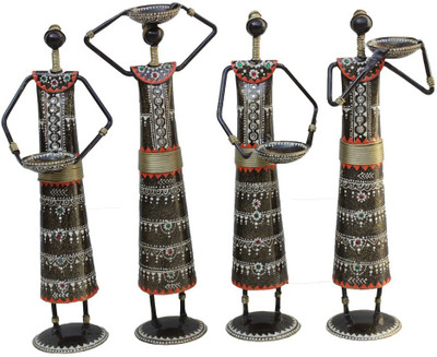 

Crafticia Craft Rajasthani Handicraft Metal Tealight Tribal doll set Showpiece Iron 4 - Cup Tealight Holder(Multicolor, Pack of 4)