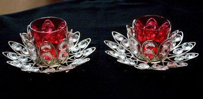 

Being Nawab Lotus Petal Shaped Reddish Combo Crystal Tealight Holder(Silver, Pack of 2)