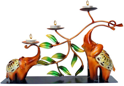 

Indikala Mother & Baby Elephant Tree Triple Tealight Holder with Leaf Work Iron 3 - Cup Tealight Holder(Multicolor, Pack of 1)