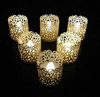 

WhitePavo Flickering LED TeaLight - White Flame with Ivory Climbers Designer Paper Votive Wraps and Candle(White, Pack of 6)