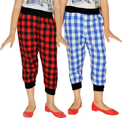 

Gkidz Capri For Girls Checkered Cotton(Red, Light blue