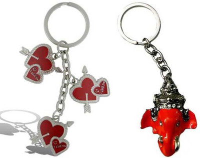 Rashi Traders Arrow 3 Heart + Ganesh Red Face Key Chain(Silver)