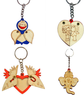

Anishop Pine wood Heart Photoframe Couple heart Pack of 4 Key Chain(Red, Blue)