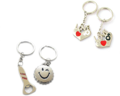 

CTW Cute Smiley & Botel Opener Love You Heart Couple Valentine Gift Combo Key Chain(Silver)