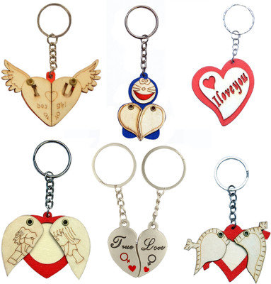 

CTW Pine wood Heart Photoframe Couple heart Pack of 6 Combo Key Chain(Multicolor)