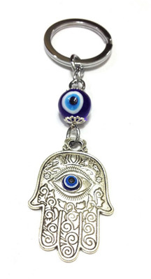 

Tech Fashion Palm Shape 2 Blue Eye Ball Bead Locking Key Chain(Silver)
