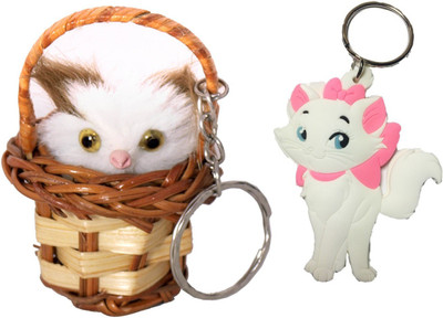 

CTW Cute Cat Sitting in Wooden Basket & Big Rubber White Cat Combo Pack Key Chain(Multicolor)