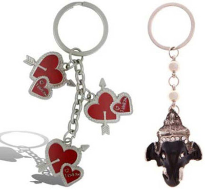 Rashi Traders Arrow 3 Heart + Lord Black Face Key Chain(Silver)