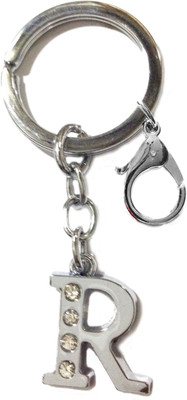 

Tech Fashion Alphabet R High Quality Chrome Metal Finish with 4 Diamonds Fixed Keyring Keyhook - TF-409 Locking Key Chain(Silver)
