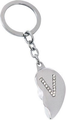 

U R God Broken Heart Diamond Studded "V" Letter Key Chain(Silver)