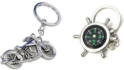 Chainz Metal Chopper Bike And Round Compass Key Chain(Silver, Black)