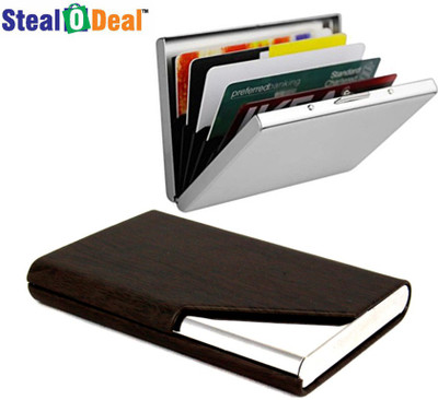 

Stealodeal Dark Brown Wooden Cut Textured Steel With Plain Metal 20 Card Holder(Set of 2, Brown)