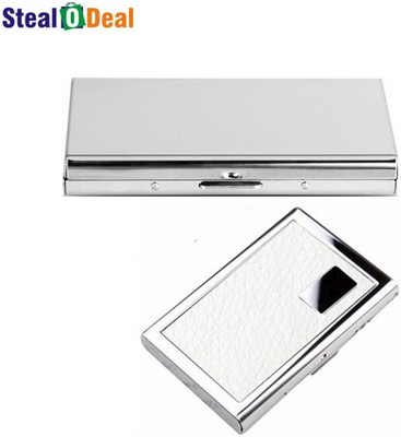 StealODeal Leather Piece White Metal and Plain Silver Business 6 Card Holder(Set of 2, Silver, White)