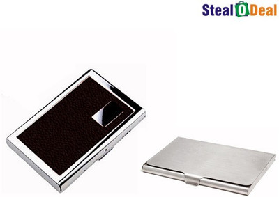 

Stealodeal Leather Piece Brown Atm Wallet With Simple Steel 6 Card Holder(Set of 2, Brown, Silver)