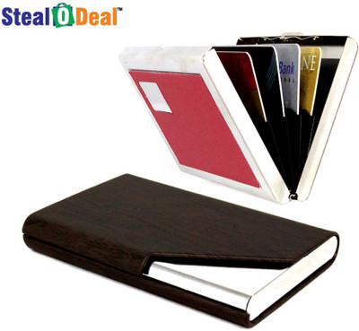 

Stealodeal Dark Brown Wooden Cut Textured Steel With Red Metal 20 Card Holder(Set of 2, Brown)