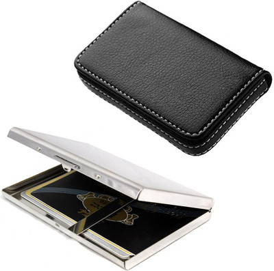

Stealodeal |Pack of 2 |Mirror Finish High Quality Metal With Black Leather Magnetic Closing 15 Card Holder(Set of 2, Silver, Black)