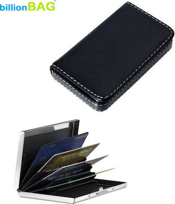 billionBAG Steel Plain Waterproof Business ATM & Soft Black Leather Aluminium Silver Visiting 6 Card Holder(Set of 2, Multicolor)