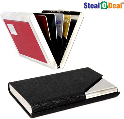 

Stealodeal Black Glossy Cut Textured Steel With Red Metal 20 Card Holder(Set of 2, Black)