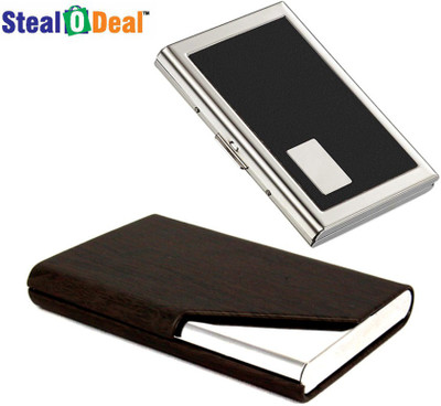 

Stealodeal Dark Brown Wooden Cut Textured Steel With Black Metal 20 Card Holder(Set of 2, Brown)