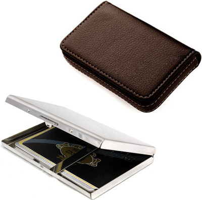 

Stealodeal |Pack of 2 |Mirror Finish High Quality Metal With Brown Leather Magnetic Closing 15 Card Holder(Set of 2, Silver, Brown)