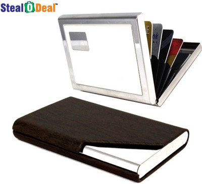 

Stealodeal Dark Brown Wooden Cut Textured Steel With White Metal 20 Card Holder(Set of 2, Brown)